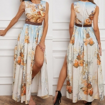 Bohemia Style Floral Printed Round Neck Sleeveless Slit Maxi Dress