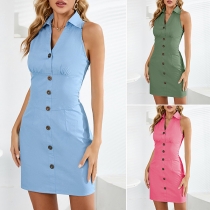 Fashion Solid Color Stand Collar V-neck Sleeveless Buttoned Mini Dress