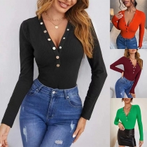 Fashion Solid Color Buttoned V-neck Long Sleeve Shirt
