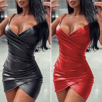 Sexy Solid Color Ruched V-neck Irregular Hemline Artificial Leather PU Slip Bodycon Dress