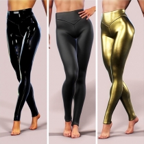 Sexy Solid Color High-rise Artificial Leather PU Skinny Pants/Skinny Leggings