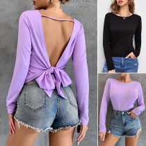 Fashion Solid Color Round Neck Long Sleeve Self-tie Backless  Shirt