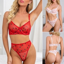 Sexy Semi-through Heart Printed Two-piece Lingerie Set