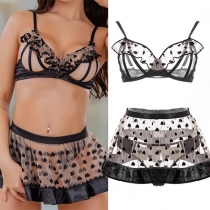 Sexy Semi-through Heart Printed Three-piece Lingerie Set