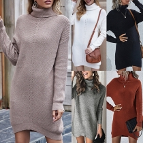 Fashion Solid Color Turtleneck Long Sleeve Knitted Dress