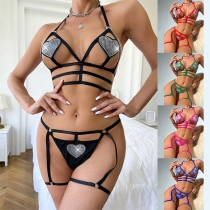 Sexy Rhinestone Heart Cut Out Two-piece Lingerie Set