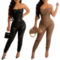 Street Fashion Solid Color Strapless Slim Fit Artificial Leather PU Jumpsuit