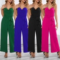 Sexy Solid Color Draped V-neck Self-tie Jumpsuit