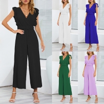 Fashion Solid Color V-neck Ruffled Pleated Jumpsuit
