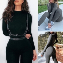 Fashion Solid Color Round Neck Long Sleeve Slim-fit Jumpsuit