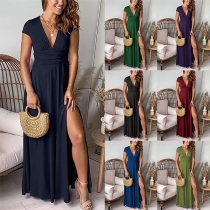 Sexy Solid Color V-neck Sleeveless Slit Maxi Dress