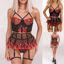 Sexy Semi-through Floral Embroidered Three-piece Lingerie Set