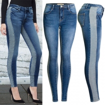 Fashion Old-washed Contrast Color Mid-rise Skinny Jeans