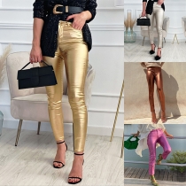 Fashion Bright Color Mid-rise Artificial Leather PU Skinny Pants