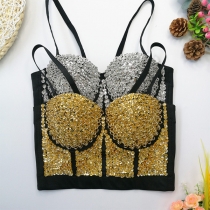Sexy Bling-bling Sequin Beaded Sweetheart Neck Cami Crop Top for Dancing, Party