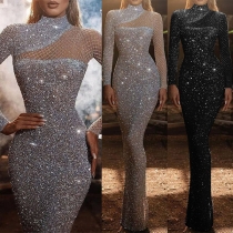 Fashion Bling-bling Sequined Mesh Spliced Mock Neck Long Sleeve Bodycon Party Dress