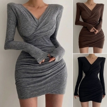 Fashion Solid Color V-neck Ruched Long Sleeve Bodycon Dress