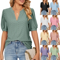 Casual Solid Color Hollow Out V-neck Short Sleeve Shirt