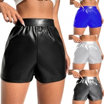 Fashion Solid Color High-rise Artificial Leather PU Shorts