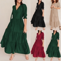Fashion Solid Color Self-tie V-neck Elbow Sleeve Ruched Tiered Dress