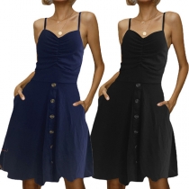 Fashion Solid Color V-neck Ruched Buttoned Slip Dress