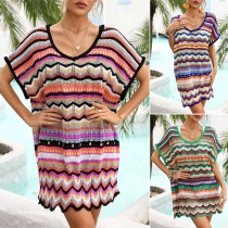 Fashion Colorful Wave Printed Round Neck Batwing Sleeve Swimming Cover-up Shirt