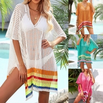 Fashion Contrast Color Mesh-net V-neck Batwing Sleeve Loose Swimming Cover-up Shirt