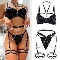 Sexy Cutout Artificial Leather PU Buckle Two-piece Lingerie Set
