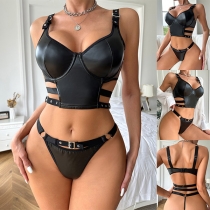 Sexy Cutout Artificial Leather PU Buckle Two-piece Lingerie Set