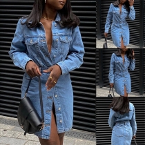Fashion Old-washed Stand Collar Buttoned Long Sleeve Denim Dress
