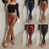 Fashion Solid Color High-rise Slit Artificial Leather PU Skinny Pants