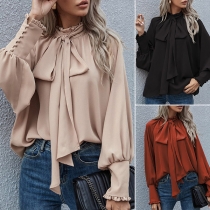 Elegant Solid Color Self-tie Bowknot Mock Neck Puff Long Sleeve Shirt