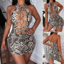 Sexy Snake Printed Cutout Halterneck Backless Bodycon Dress