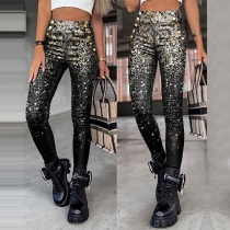 Sexy Printed Buttoned High-rise Skinny Pants