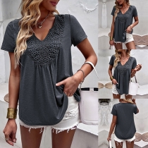 Casual Solid Color Lace Spliced V-neck Short Sleeve Shirt