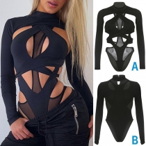 Sexy Solid Color Cutout Mock Neck Long Sleeve Bodysuit