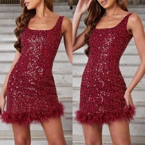 Fashion Sequined Feather Spliced Bodycon Party Dress
