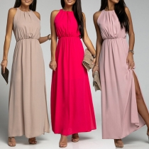 Casual Solid Color Halterneck Sleeveless Slit Dress