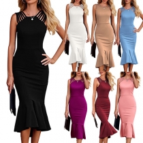 Elegant Solid Color Cutout Sleeveless Backless Fishtail Bodycon Dress