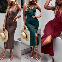 Sexy Solid Color Buttoned Self-tie V-neck Slit Ribbed Bodycon Dress