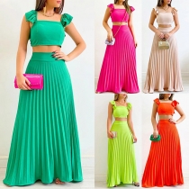 Fashion Solid Color Two-piece Set Consist of Crop Top and Pleated Maxi Skirt