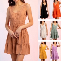 Casual Solid Color U-neck Sleeveless Smocked Tiered Dress