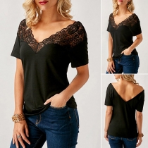 Sexy Lace Spliced V-neck Short Sleeve Shirt