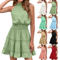 Fashion Solid Color Smocked Mock Neck Sleeveless Tiered Dress