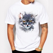 Fashion Cat Printed Round Neck Short Sleeve Shirt for Men