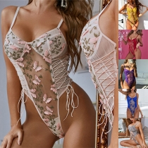 Sexy Floral Embroidery Lace-up Semi-through Lingerie Bodysuit