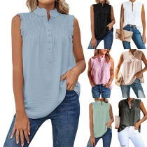 Casual Solid Color Buttoned Ruched Sleeveless Shirt