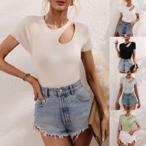 Casual Solid Color Round Neck Short Sleeve Cutout Knitted Shirt