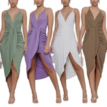 Fashion Solid Color V-neck Ruched Cross-criss Backless Slit Slip Dress