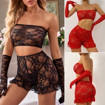 Sexy Semi-through Lingerie Set Consist of Bandeau, Shorts, and Gloves